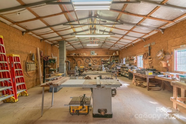 misc room with vaulted ceiling and a workshop area