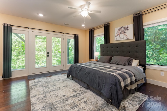 bedroom with access to outside, multiple windows, and ceiling fan