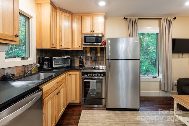 kitchen with a wealth of natural light, stainless steel appliances, sink, and decorative backsplash