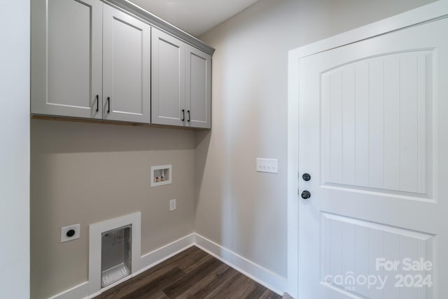 clothes washing area featuring hookup for a washing machine, cabinets, hookup for an electric dryer, and dark wood-type flooring