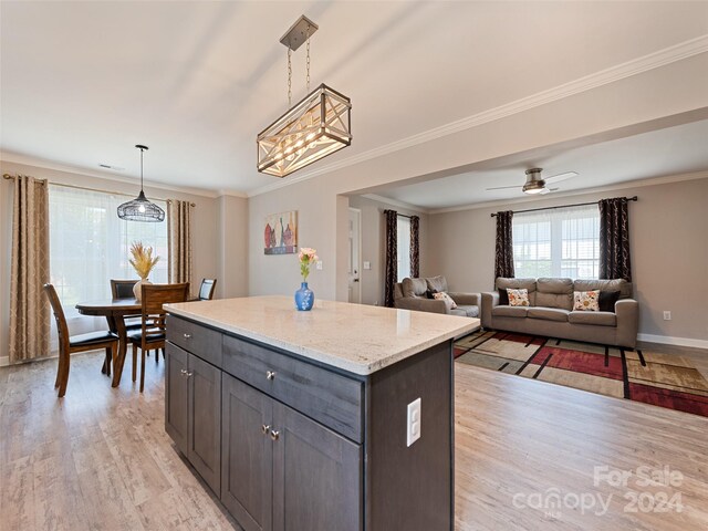 kitchen featuring ceiling fan with notable chandelier, crown molding, light hardwood / wood-style flooring, hanging light fixtures, and dark brown cabinetry