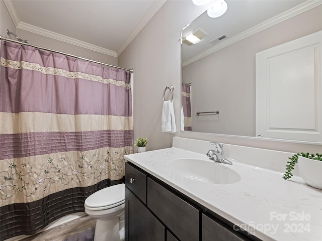 bathroom with vanity, walk in shower, toilet, ornamental molding, and hardwood / wood-style flooring