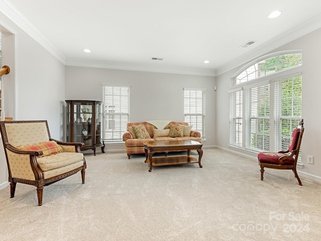 living room with crown molding and light colored carpet