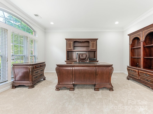 office area featuring light colored carpet and ornamental molding