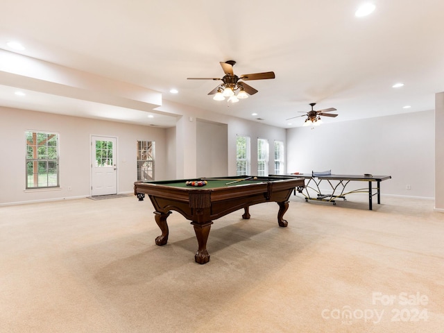 playroom featuring light colored carpet, ceiling fan, and pool table