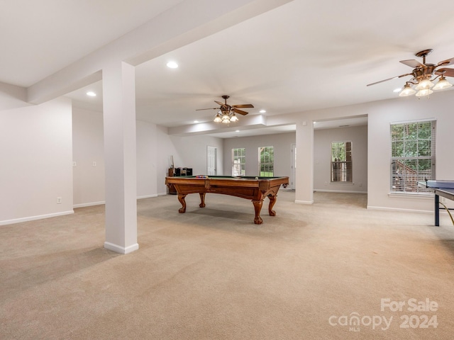 playroom with light colored carpet, ceiling fan, and pool table