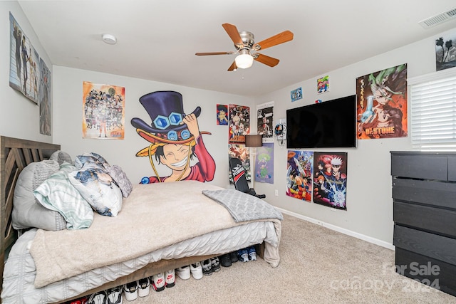 bedroom featuring carpet flooring and ceiling fan