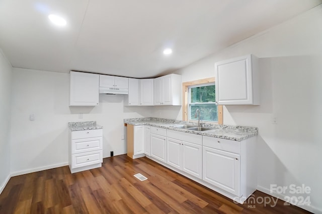 kitchen with white cabinets, light stone countertops, dark hardwood / wood-style floors, and sink