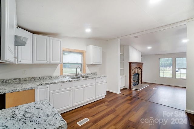 kitchen with a brick fireplace, white cabinetry, a wealth of natural light, and sink