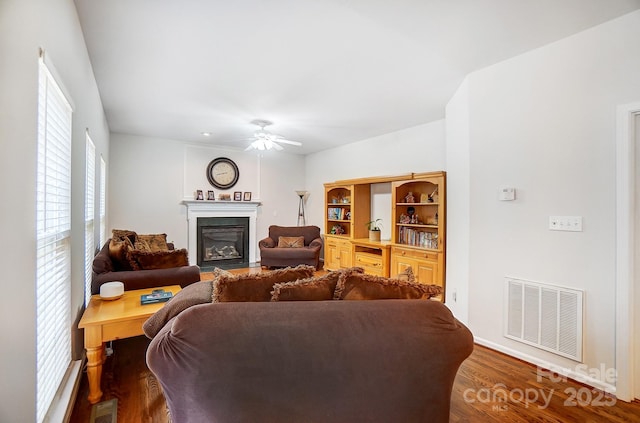 living room with ceiling fan and wood-type flooring