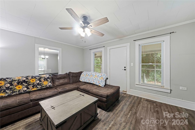 living room featuring ceiling fan with notable chandelier, plenty of natural light, and dark hardwood / wood-style floors