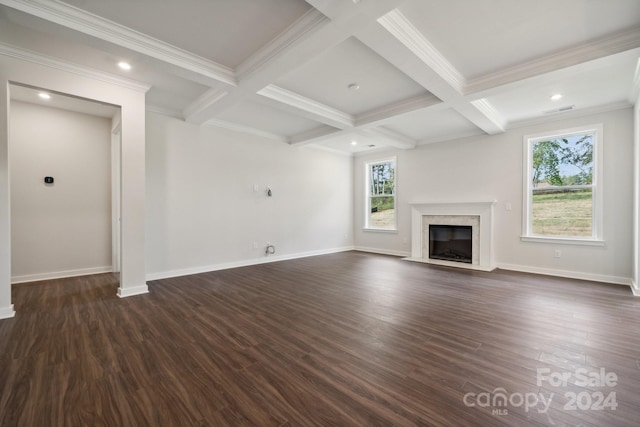 3192 Timber Run Ln, Maiden, NC 28650 - unfurnished living room featuring dark wood finished floors, a wealth of natural light, and beamed ceiling