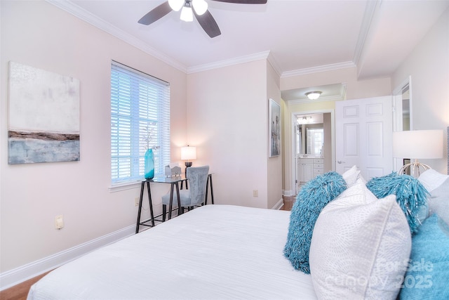 bedroom featuring ceiling fan, ornamental molding, and baseboards