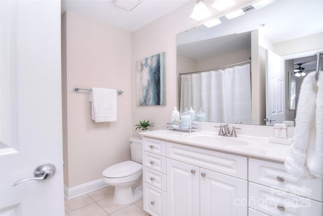 bathroom with visible vents, toilet, vanity, baseboards, and tile patterned floors