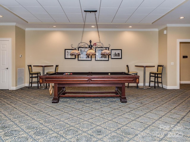 game room with carpet, billiards, visible vents, and crown molding