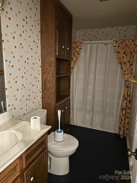 full bathroom with vanity, toilet, and shower / bathtub combination with curtain