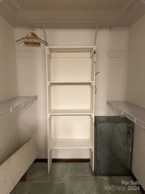 spacious closet featuring dark colored carpet