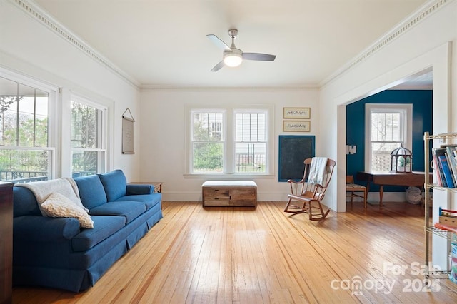 living room with crown molding, ceiling fan, and light hardwood / wood-style flooring