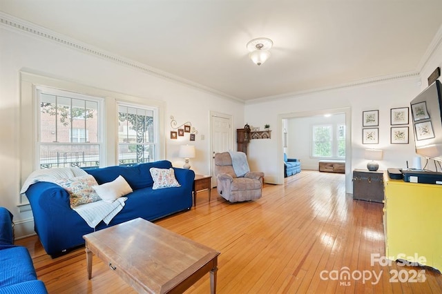 living room featuring hardwood / wood-style flooring and ornamental molding