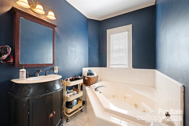 bathroom with tile patterned flooring, tiled bath, crown molding, and vanity