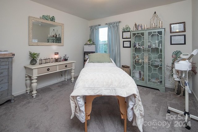 bedroom featuring dark carpet