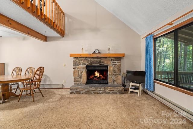 carpeted living room featuring a textured ceiling, vaulted ceiling with beams, and a stone fireplace