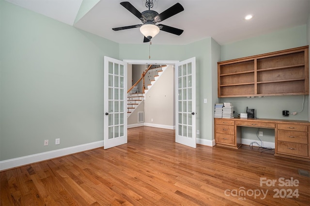 interior space featuring french doors, light hardwood / wood-style floors, and ceiling fan