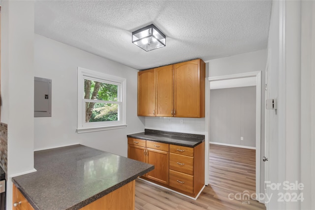 kitchen featuring light wood-type flooring, a textured ceiling, electric panel, and kitchen peninsula