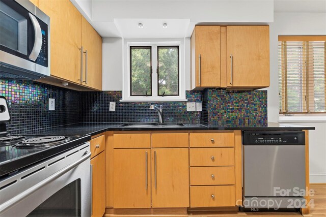 kitchen with a wealth of natural light, backsplash, sink, and appliances with stainless steel finishes