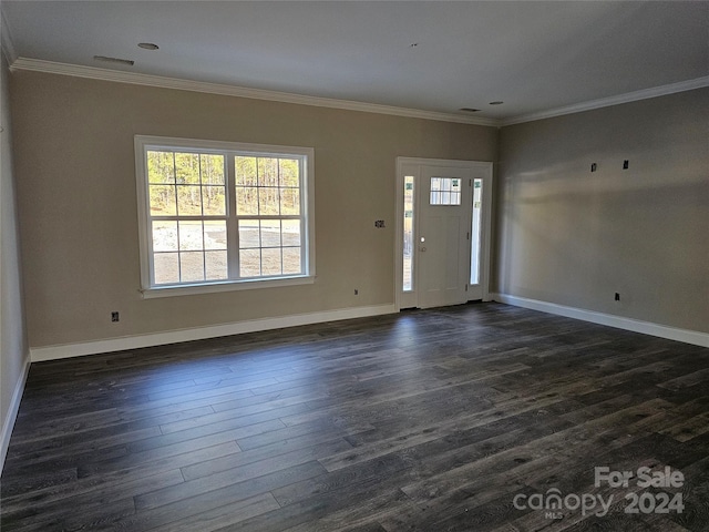 foyer featuring dark hardwood / wood-style floors and crown molding