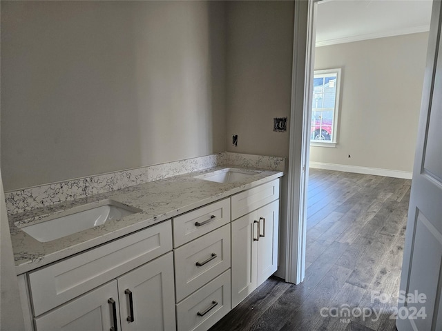 bathroom with vanity, wood-type flooring, and crown molding