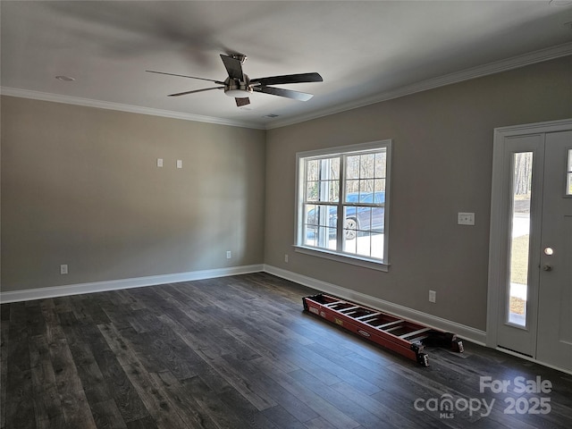 entryway with ceiling fan, ornamental molding, and dark hardwood / wood-style floors