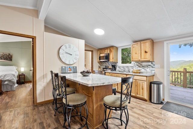 kitchen with plenty of natural light, light hardwood / wood-style flooring, stainless steel appliances, and vaulted ceiling