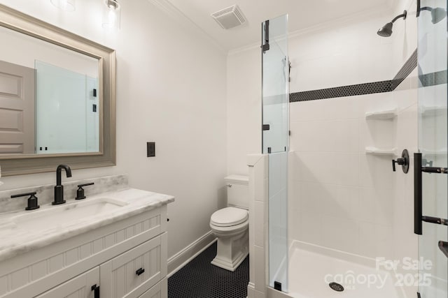 full bathroom featuring toilet, visible vents, and a stall shower