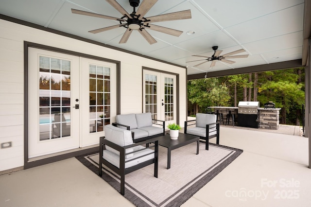 view of patio / terrace featuring a ceiling fan, area for grilling, french doors, grilling area, and an outdoor hangout area