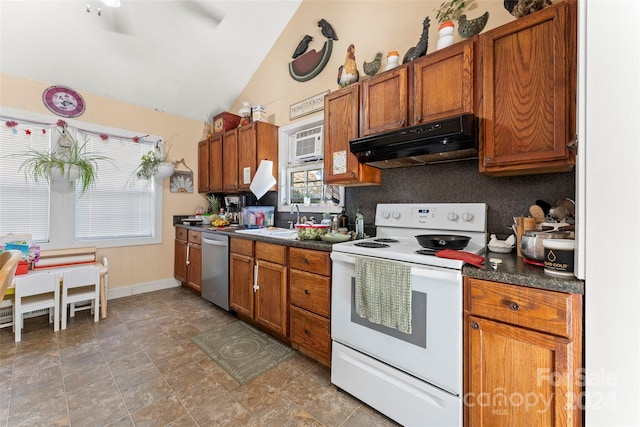 kitchen with sink, white electric range oven, decorative backsplash, vaulted ceiling, and stainless steel dishwasher