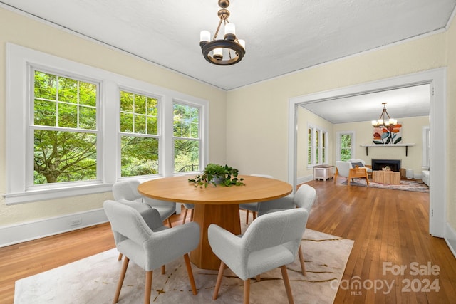 dining area featuring light hardwood / wood-style flooring and a notable chandelier