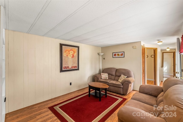 living room featuring a textured ceiling and hardwood / wood-style flooring