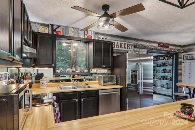 kitchen featuring a textured ceiling, sink, stainless steel appliances, and ceiling fan