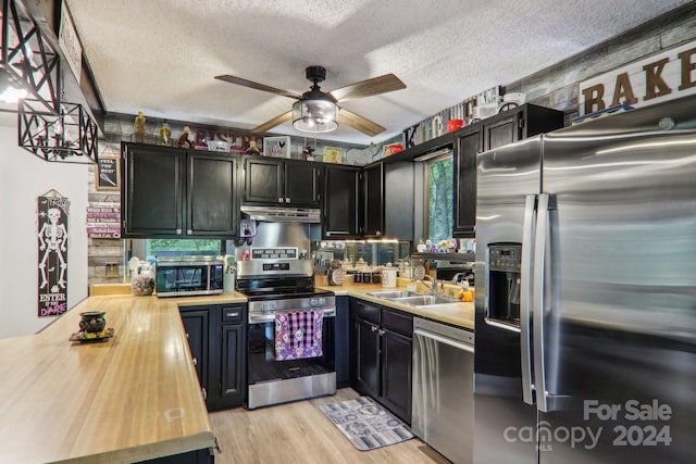 kitchen with a textured ceiling, light hardwood / wood-style flooring, stainless steel appliances, sink, and ceiling fan