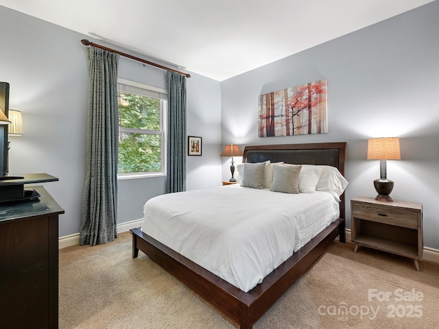 bedroom featuring baseboards and light colored carpet