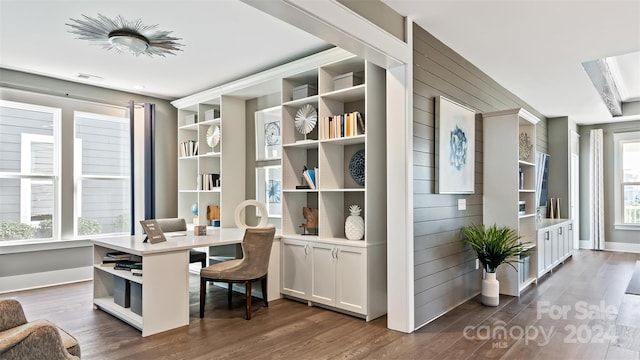 office featuring dark hardwood / wood-style floors and wooden walls