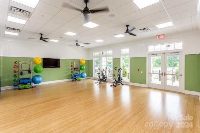 exercise room featuring light hardwood / wood-style flooring, ceiling fan, a healthy amount of sunlight, and french doors