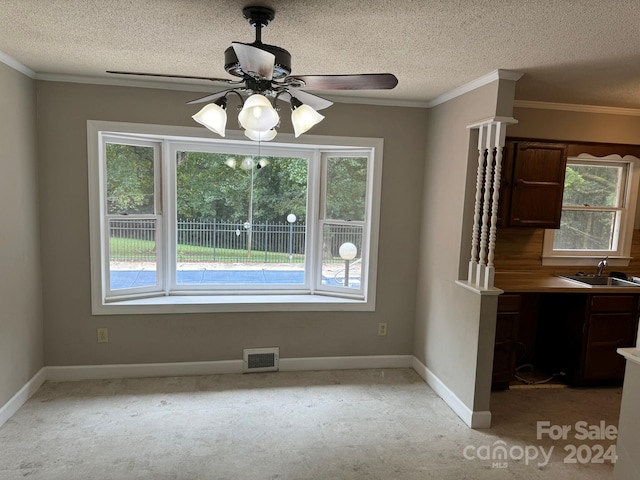 unfurnished dining area featuring a healthy amount of sunlight, a textured ceiling, ceiling fan, and sink