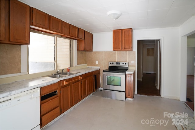 kitchen with sink, stainless steel electric range, backsplash, dishwasher, and crown molding