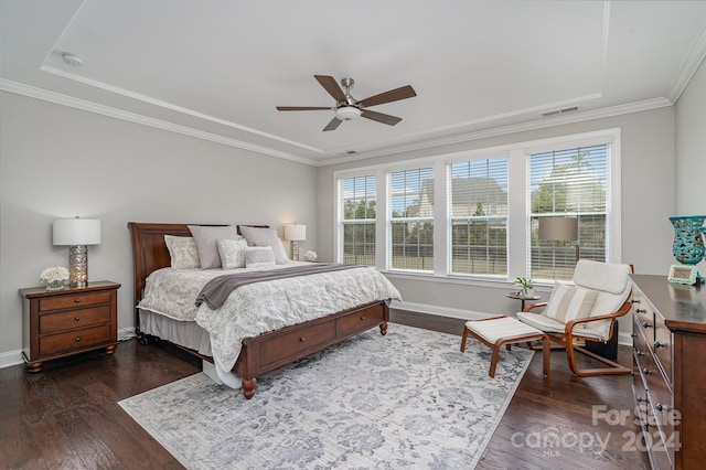 bedroom featuring multiple windows, crown molding, ceiling fan, and dark wood-type flooring