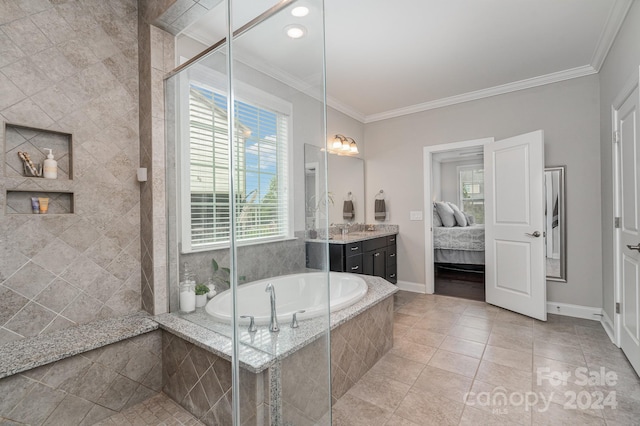 bathroom with ornamental molding, vanity, plus walk in shower, and tile patterned floors