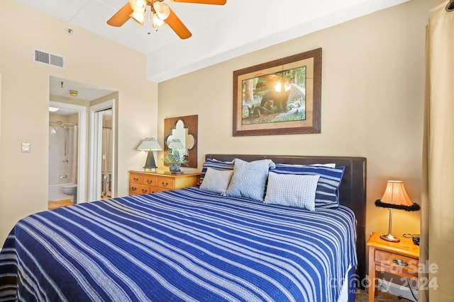 bedroom featuring connected bathroom and ceiling fan