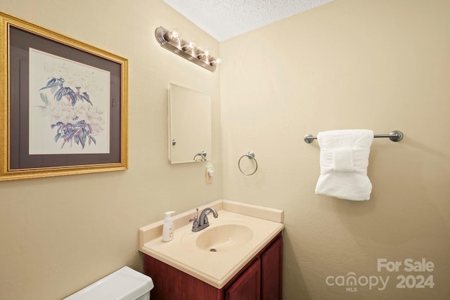 bathroom featuring toilet, a textured ceiling, and vanity