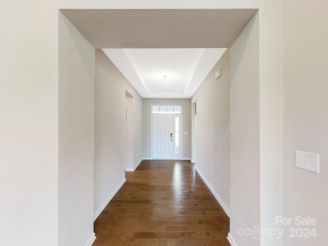 hallway with hardwood / wood-style flooring and a tray ceiling